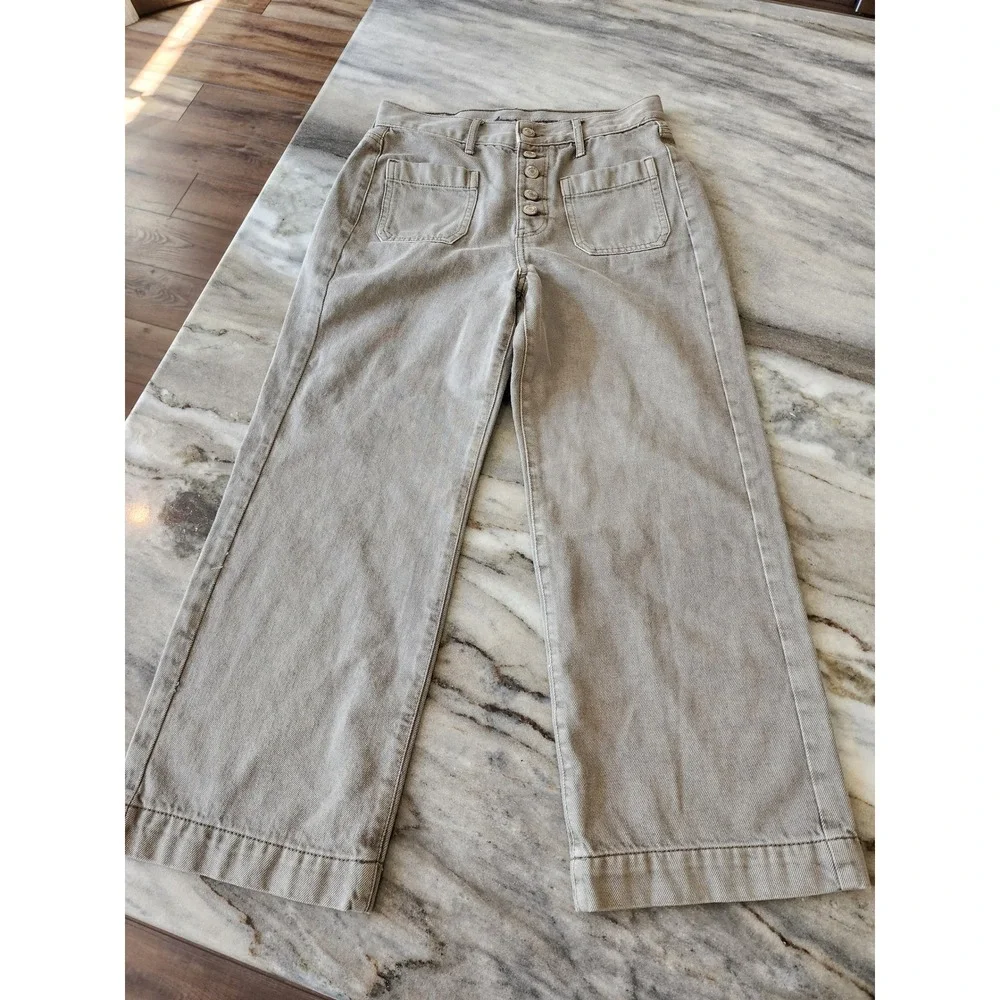 American Eagle Wide Leg Crop Jeans Green Khaki Button Fly Patch Pocket Size 4